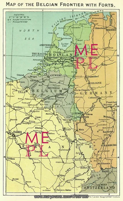 : Map of the Belgian frontier with forts, World War One : Map of the Belgian frontier with forts, World War One