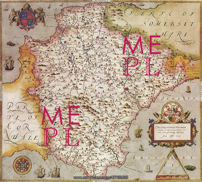 : Map of Devonshire, England 1575 : Map of Devonshire, England 1575