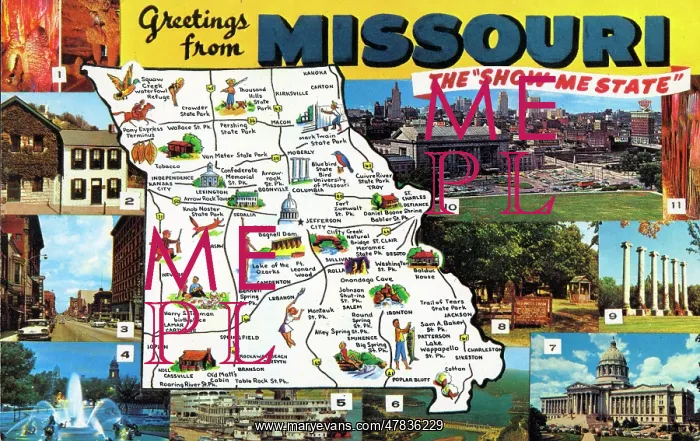 : Map postcard - Greetings from Missouri, USA : Map postcard - Greetings from Missouri, USA