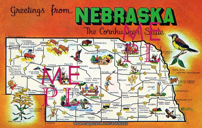 : Map postcard - Greetings from Nebraska, USA : Map postcard - Greetings from Nebraska, USA