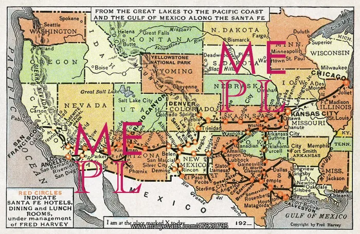 : Map, route of Santa Fe Railroad, USA : Map, route of Santa Fe Railroad, USA