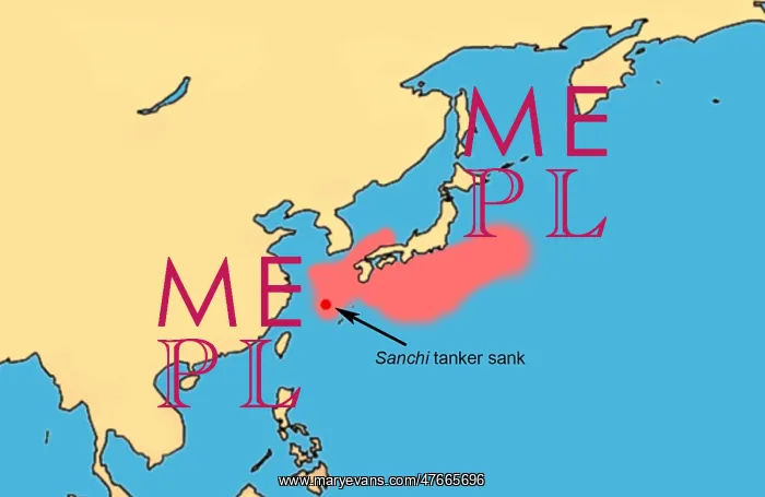 : Map of Sanchi Tanker Sinking and Area of Potential Impact : Map of Sanchi Tanker Sinking and Area of Potential Impact