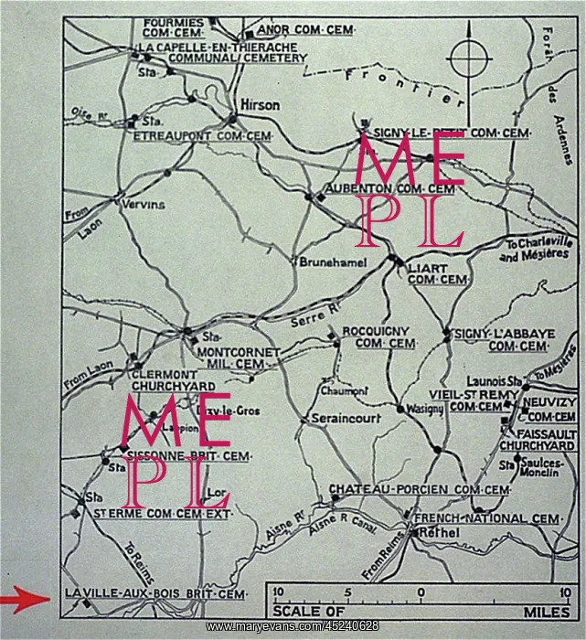 : Map showing British and French cemeteries, WW1 : Map showing British and French cemeteries, WW1