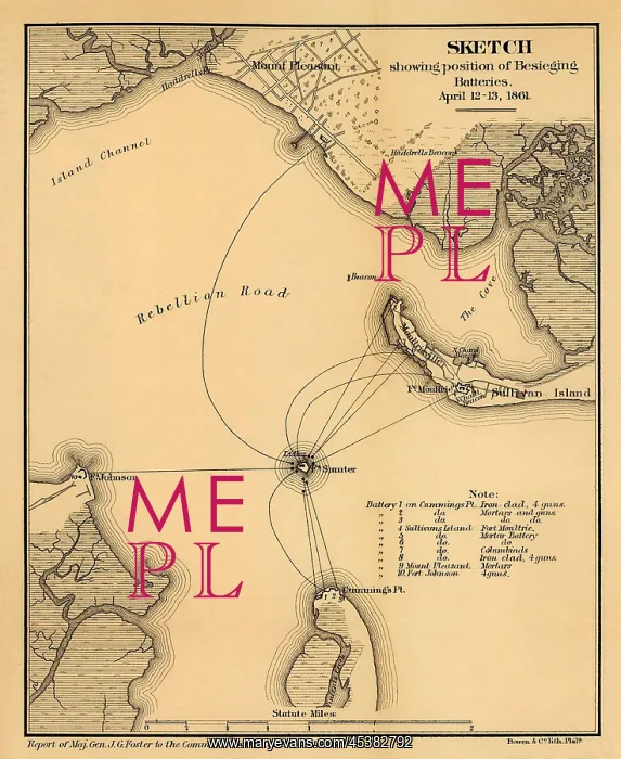 : Map showing the positions of Confederate batteries : Map showing the positions of Confederate batteries
