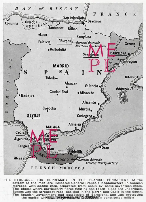 : Map of Spain at the Beginning of the Spanish Civil War 1936 : Map of Spain at the Beginning of the Spanish Civil War 1936