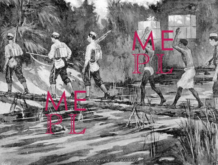 : On the march - Crossing a bridge during the Mendi expedition : On the march - Crossing a bridge during the Mendi expedition