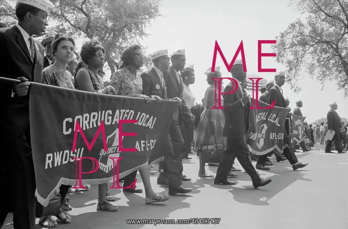 : Marchers carrying labor union banners during : Marchers carrying labor union banners during