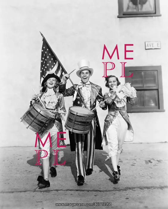 : Marching band performing in a parade with an American flag : Marching band performing in a parade with an American flag