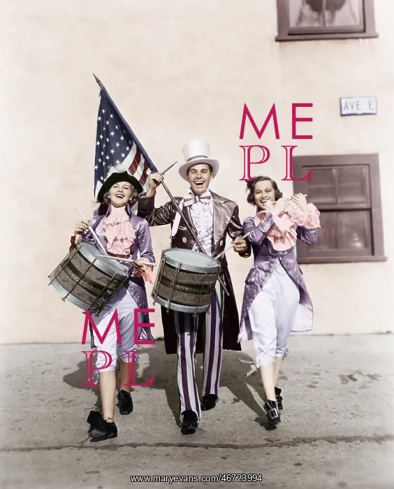 : Marching band performing in a parade with an American flag : Marching band performing in a parade with an American flag