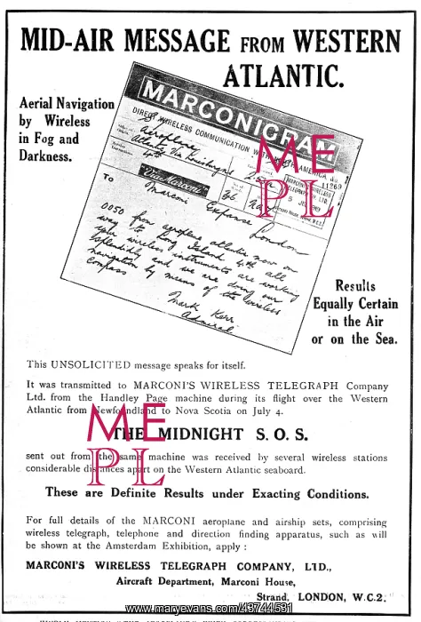 : Marconi Marconigram For Handley Page Atlantic Flight 1919 : Marconi Marconigram For Handley Page Atlantic Flight 1919