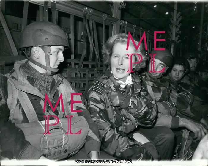 : Margaret Thatcher with paratroopers in a plane : Margaret Thatcher with paratroopers in a plane