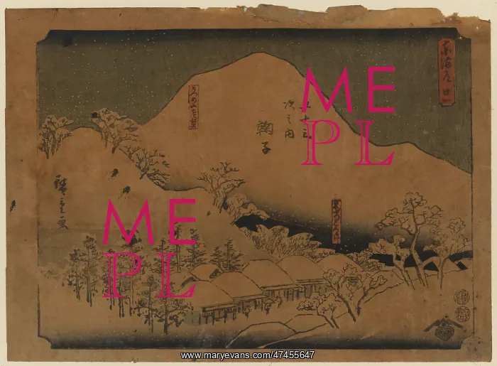  : Mariko. Print shows the snow-covered village of Mariko during winter on the Tokaido Road