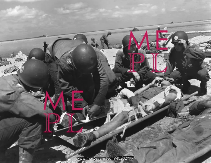 : Marine on the stretcher at a dressing station : Marine on the stretcher at a dressing station