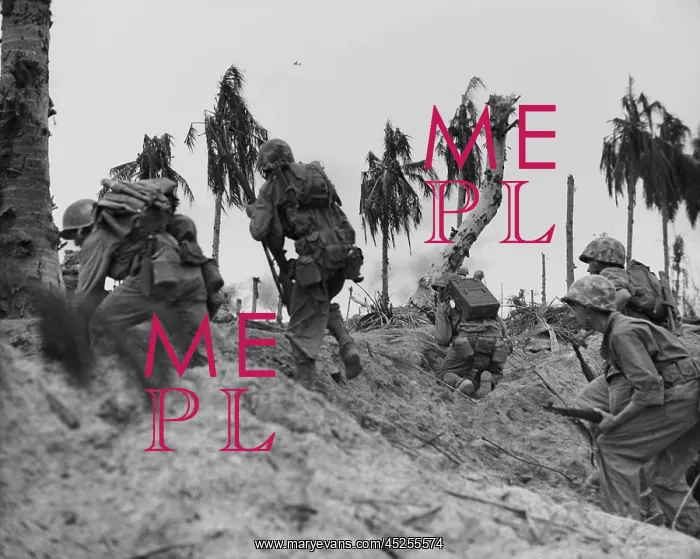 : Marines crossing the beach and on the initial : Marines crossing the beach and on the initial