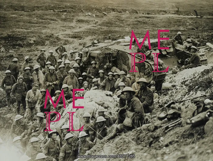 : A Mark I tank surrounded by troops of 122nd Brigade : A Mark I tank surrounded by troops of 122nd Brigade