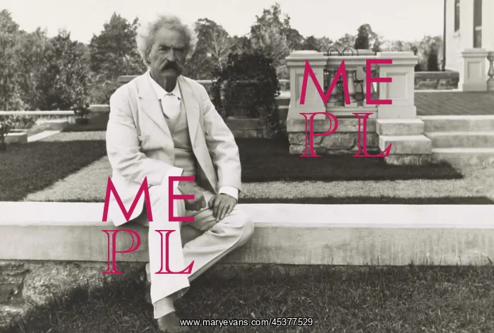: Mark Twain sitting on terrace in his preferred : Mark Twain sitting on terrace in his preferred