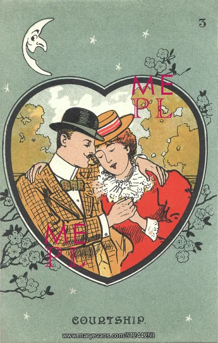 : Marriage. Courtship. The couple depicted closely entwined in a heart-shaped illustration : Marriage. Courtship. The couple depicted closely entwined in a heart-shaped illustration