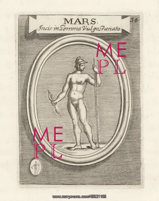 : Mars, Roman god of war, with helmet, spear and flame : Mars, Roman god of war, with helmet, spear and flame