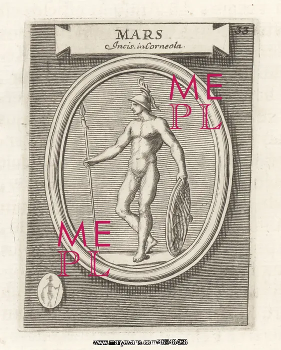 : Mars, Roman god of war, with shield and spear : Mars, Roman god of war, with shield and spear