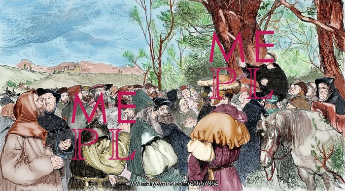 : Martin Luther (1483-1546) preaching in Mora. Engraving. Colo : Martin Luther (1483-1546) preaching in Mora. Engraving. Colo