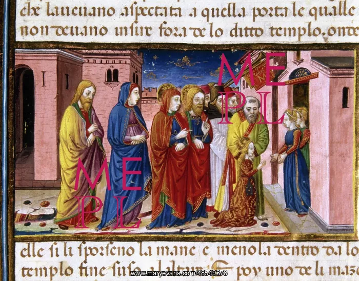 : Mary is hosted by the virgins of the temple. Codex of Predis : Mary is hosted by the virgins of the temple. Codex of Predis