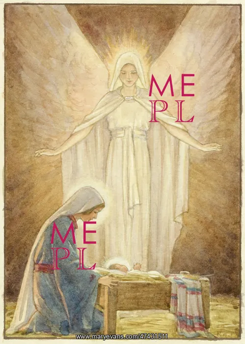 : Mary with Jesus in crib and Angel behind : Mary with Jesus in crib and Angel behind