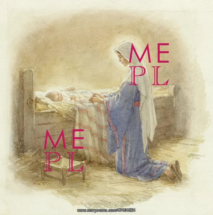 : Mary kneeling by Jesus in the manger : Mary kneeling by Jesus in the manger