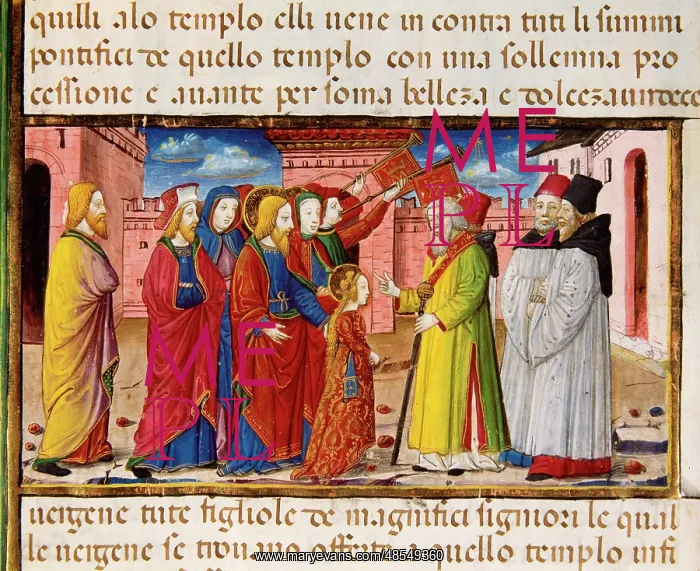 : Mary offered to the High Priests. Codex of Predis (1476). It : Mary offered to the High Priests. Codex of Predis (1476). It