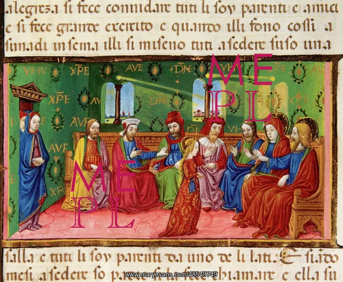: Mary is presented to father's friends. Codex of Predis (1476 : Mary is presented to father's friends. Codex of Predis (1476