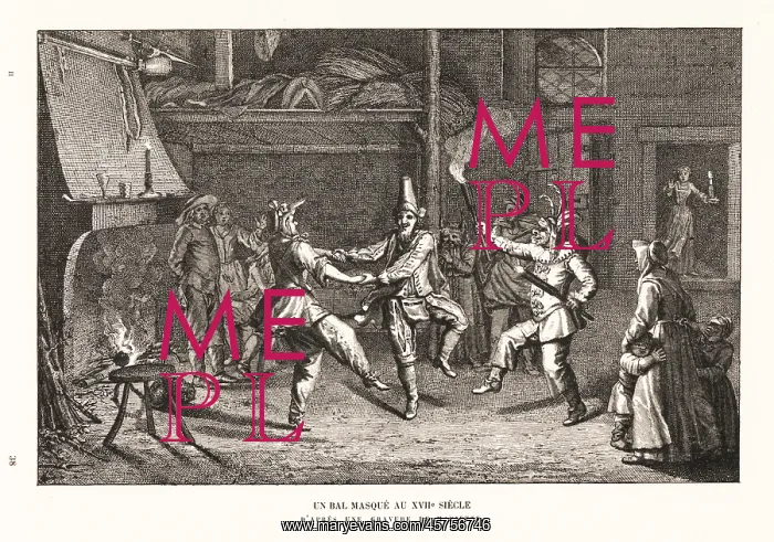 : A masked ball in a rustic hall, 17th century : A masked ball in a rustic hall, 17th century