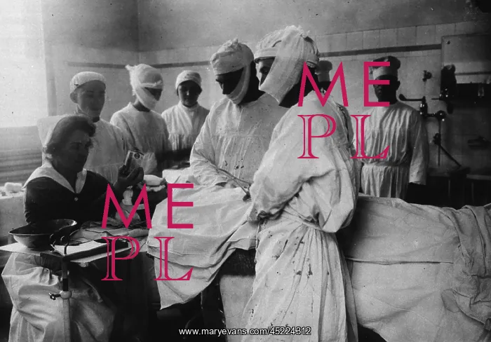 : Masked surgeons perform an operation while ? : Masked surgeons perform an operation while ?