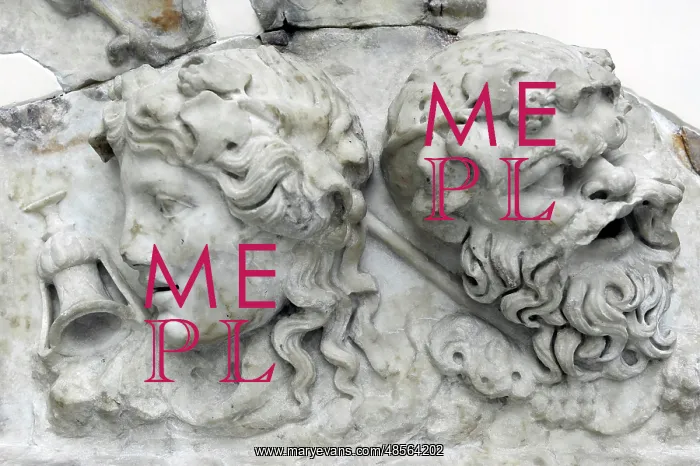 : Masks of Dionysos and Silenos. Roman relief. 2nd century AD : Masks of Dionysos and Silenos. Roman relief. 2nd century AD