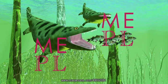 : Mastodonsaurus reptiles chasing a school of lake perch : Mastodonsaurus reptiles chasing a school of lake perch