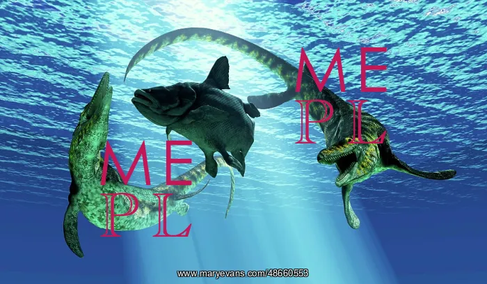  : A Mawsonia fish is caught between two Tylosaurus