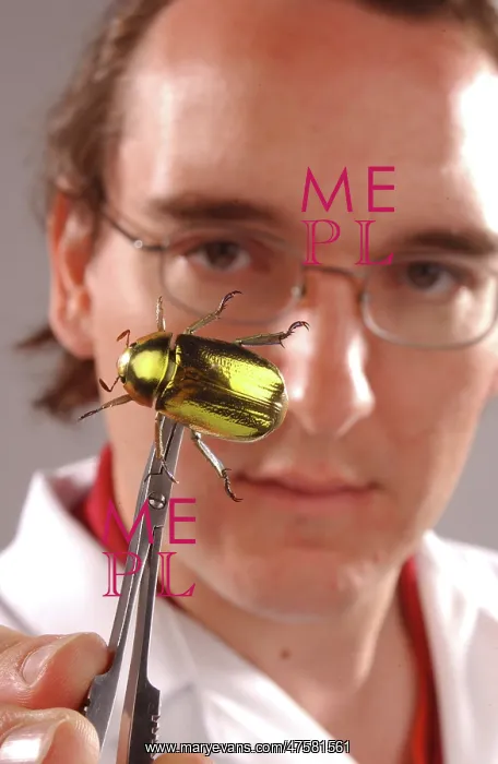 : Max Barclay with beetle specimen : Max Barclay with beetle specimen