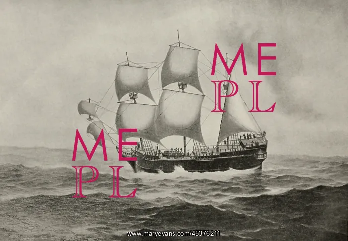 : The Mayflower, sailing on the open sea, with : The Mayflower, sailing on the open sea, with