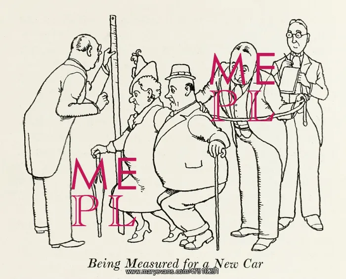 : Being measured for a new car - W Heath Robinson : Being measured for a new car - W Heath Robinson
