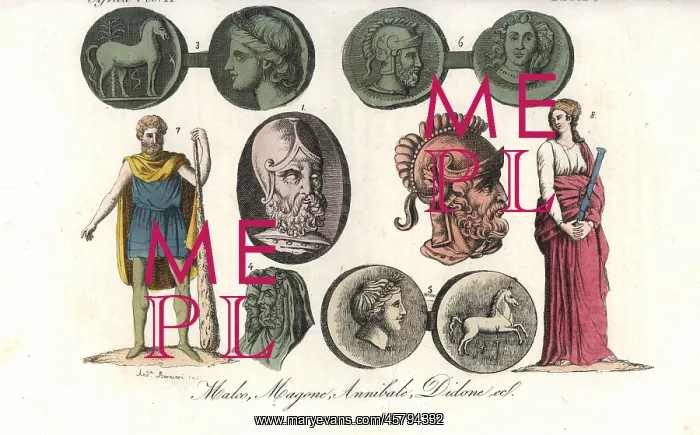 : Medals and statues of Hannibal, Malchus and Dido of Carthage : Medals and statues of Hannibal, Malchus and Dido of Carthage