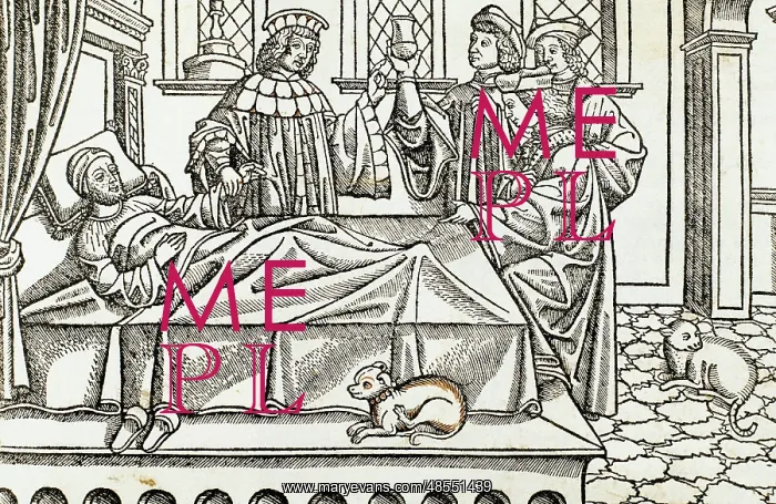 : Medical History. Doctors with a patient. Engraving. 16th cen : Medical History. Doctors with a patient. Engraving. 16th cen