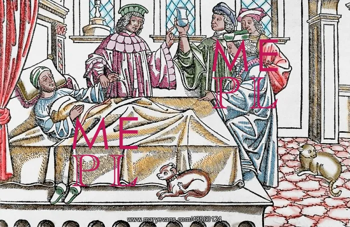 : Medical History. Doctors with a patient. Engraving. 16th cen : Medical History. Doctors with a patient. Engraving. 16th cen