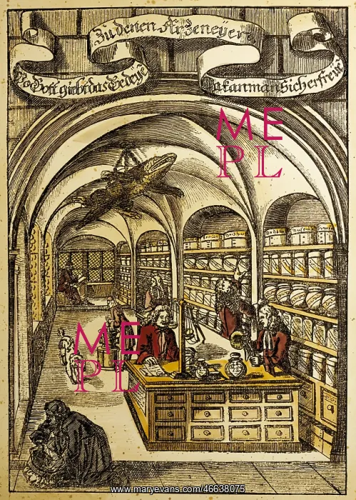 : medicine, pharmacy, copper engraving, coloured : medicine, pharmacy, copper engraving, coloured
