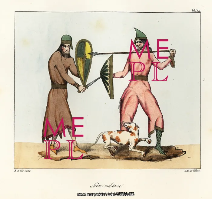 : Medieval battle scene with two warriors armed : Medieval battle scene with two warriors armed