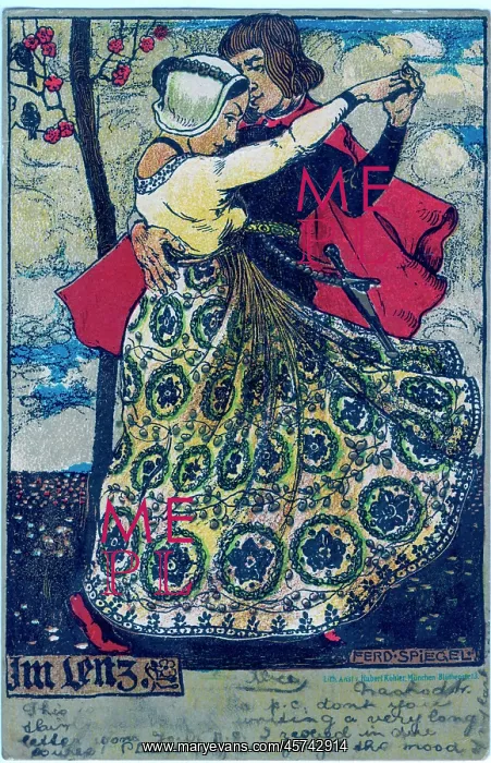 : Medieval dancing couple. Man in red cloak with dagger : Medieval dancing couple. Man in red cloak with dagger
