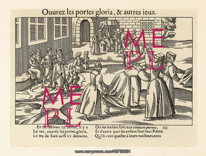 : Medieval girls playing the game of Open the Doors, 1587 : Medieval girls playing the game of Open the Doors, 1587