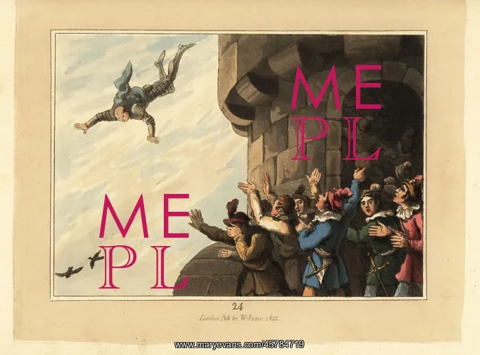 : Medieval knight in armour falling to his death from a tower : Medieval knight in armour falling to his death from a tower