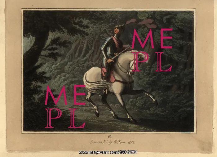 : Medieval knight in armour on horseback lost in a forest : Medieval knight in armour on horseback lost in a forest