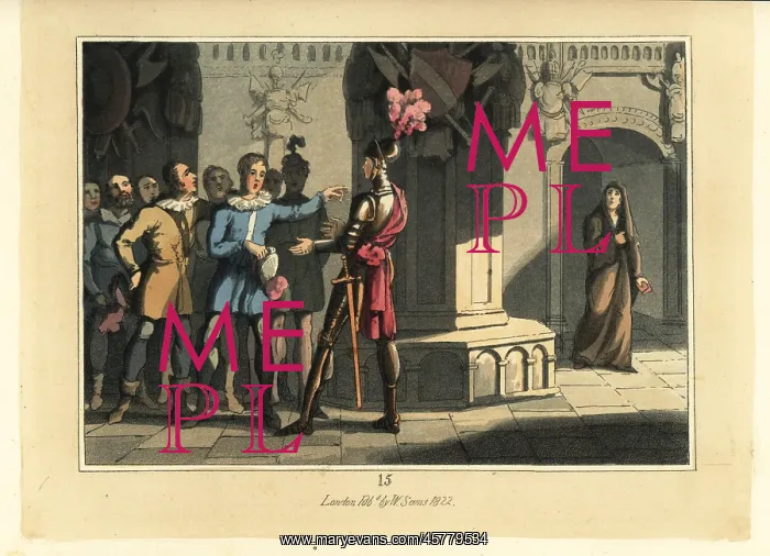 : Medieval knight in armour talking with men in a castle : Medieval knight in armour talking with men in a castle