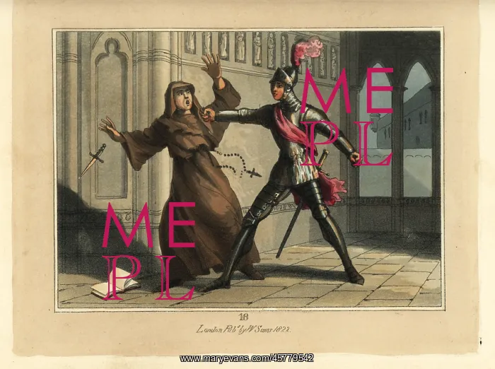 : Medieval knight in suit of armour fighting a monk : Medieval knight in suit of armour fighting a monk