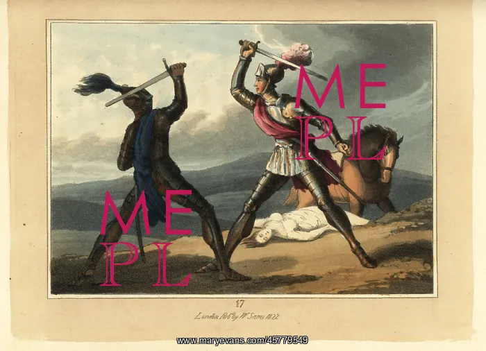 : Medieval knights fighting a duel with swords : Medieval knights fighting a duel with swords
