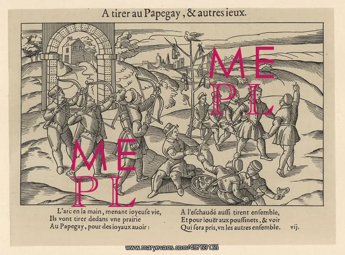 : Medieval men playing the archery game of Popinjay : Medieval men playing the archery game of Popinjay
